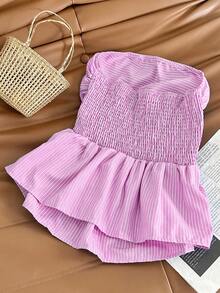 Flirla Top a fascia plissettato a righe da donna - Rosa - Visualizzare 2