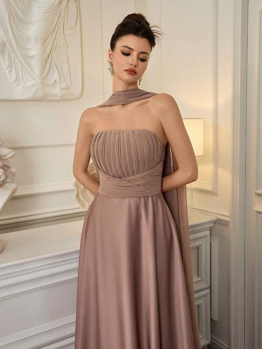 Poshira Đầm dạ hội không dây vai, xếp ly, ôm sát, chất liệu satin cao cấp dành cho nữ, thích hợp cho các bữa tiệc cocktail sang trọng. - Màu Khaki - Xem 1