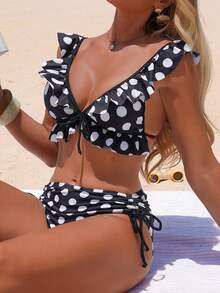 Swim Lushoire Conjunto de bikini de 2 piezas para mujer con estampado aleatorio de lunares, volantes, tirantes con lazo y escote en V, para verano - Blanco y Negro - Ver 3