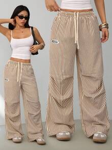 SHEIN PETITE Pantalones anchos de chándal de rayas básicos de verano para mujer - Caqui - Ver 1