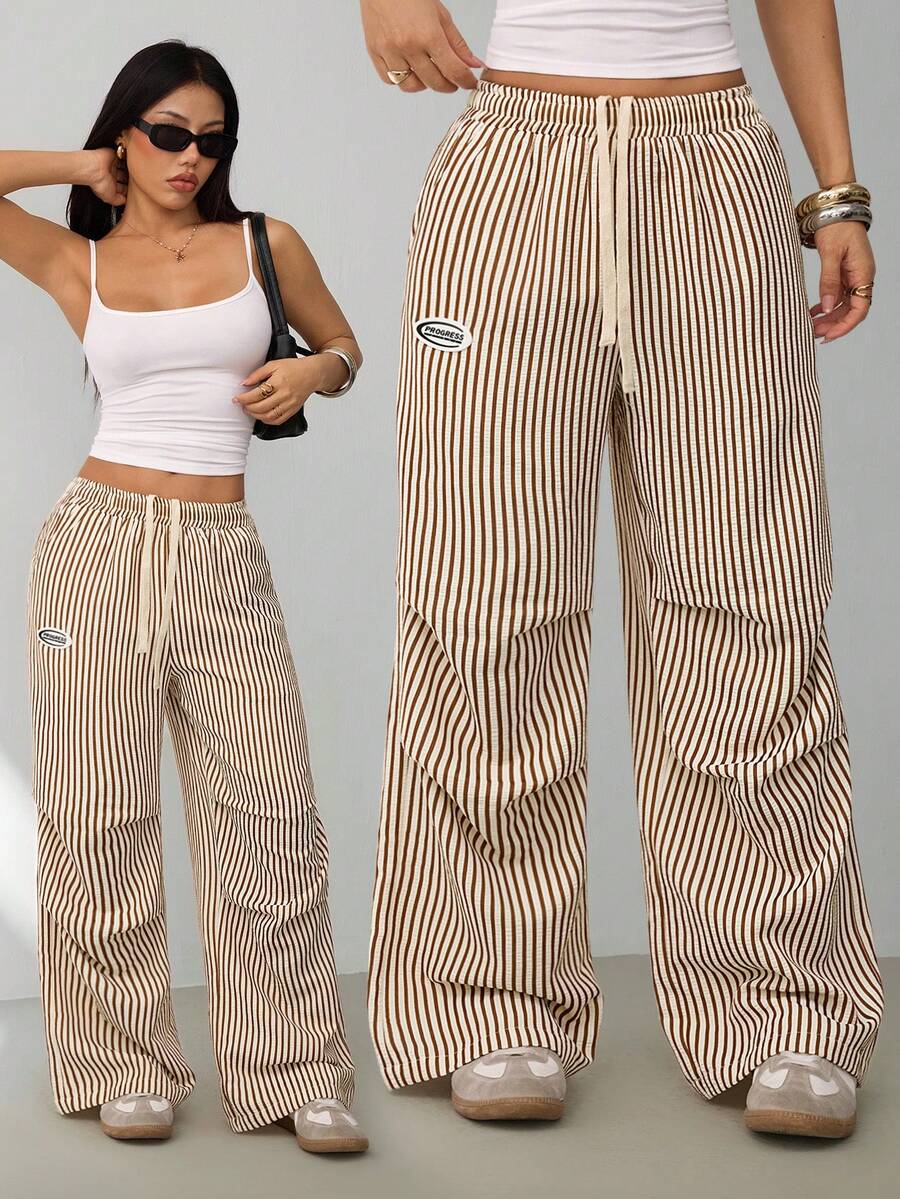 SHEIN PETITE Pantalones anchos de chándal de rayas básicos de verano para mujer - Caqui - Ver 1