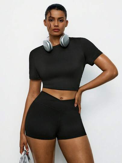Freevana Plus Size Women's Crossover Front Seamless Sports Shorts, Suitable For Paddle Tennis, Tennis, Pickleball, Gym, Pilates, Casual Daily Wear,Calça Moletom Feminino ,Jogging Femme,Sweat Pants,Sweatpants,Ropa Deportiva De Mujer,,Short Deportivo Mujer,Sweat Shorts