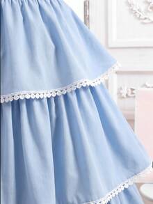 SHEIN Pitira Chân váy xòe xếp ly eo chun co giãn đa năng cho bé gái tuổi teen, màu xanh dương và trắng. - Xanh và trắng - Xem 6