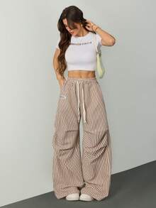 SHEIN Tall 女士夏季基本款条纹阔腿运动裤 - 卡其色 - 查看 1
