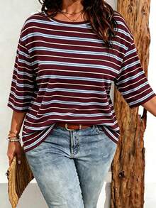 EMERY ROSE Plus Size Women Casual Striped Print Drop Shoulder T-Shirt, Suitable For Summer - Multicolor - View 1