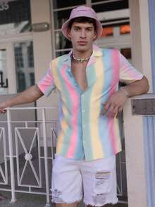 Manfinity Homme Men's Colorful Striped Short Sleeve Casual Vacation Shirt - Multicolor - View 3