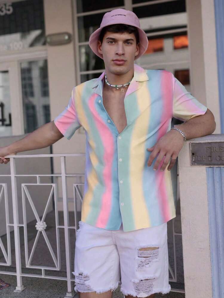 Manfinity Homme Men's Colorful Striped Short Sleeve Casual Vacation Shirt - Multicolor - View 3
