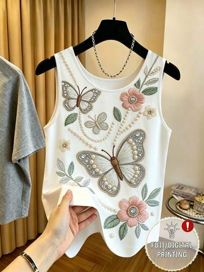 SHEIN LUNE Sommer Neu Schmetterling Perle Strass Muster Damen Trägershirt, locker sitzende ärmelloser Bluse, geeignet für täglichen Weg zur Arbeit, Casual Ausflüge, Treffen mit Freunden, leichte formelle Anlässe, Sommer Outfit
