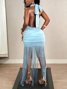 SHEIN BamGlam Vestido de mujer con cuello halter, plisado y con flecos en el bajo, versátil y de moda, adecuado para citas y festivales de música - Azul - Ver 2