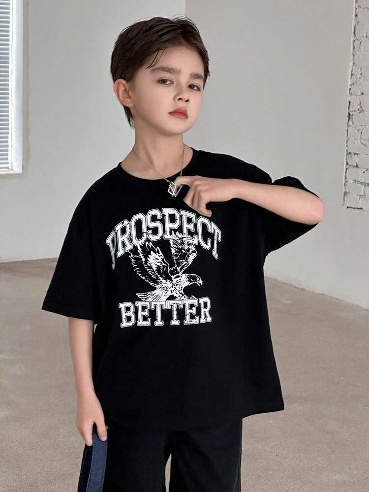 Crew Neck Loose Fit Printed Basic T-Shirt For Toddler Boys, Plus Size