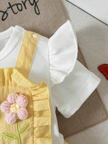 SHEIN Playful Pals Baby Girls' Cute 3D Floral Embroidery Ruffle Sleeve Romper & Hat 2pcs Set, Summer - Yellow - View 8
