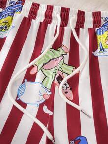 SpongeBob SquarePants | SHEIN 男士多功能条纹撞色单排扣短袖上衣和抽绳腰带口袋长裤睡衣套装， - 紅白色 - 查看 5