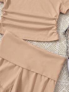 Teen Girl/Teen Girls' Knit Casual Solid Khaki Crew Neck Pullover Sweater + Khaki Shorts Set, Summer Outfit, Basic Style, Casual & Sporty - Khaki - View 5