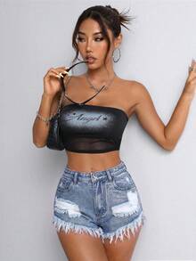 SHEIN PETITE Quần short denim nữ kiểu dáng thường ngày, rách gấu, có túi. - Rửa nhẹ - Xem 3