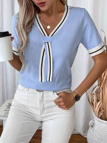 EMERY ROSE Women's Striped V-Neck Short Sleeve Casual Knit Top - Baby Blue - View 5