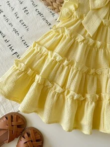 SHEIN Babygirl Cute Casual Loose Ruffled Cap Sleeve Dress - Mustard Yellow - View 6