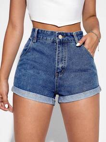 Jeanoix Damen Jeans Shorts mit aufgerolltem Saum und Taschen für den Sommer in Große Größen - Dunkle Waschung - Übersicht 1