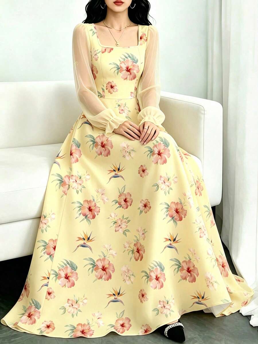 Modelyn 芙蓉花印花时尚方领灯笼袖连衣裙,夏季收腰连衣裙,浅黄色花卉图案长裙,适合夏季度假和日常穿着 - 彩色 - 查看 1