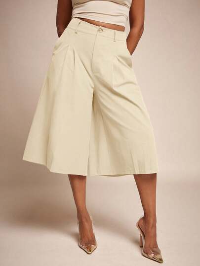 Vixey High Waist Pleated Wide Leg Culotte Pants