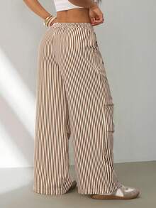 SHEIN PETITE Pantalones anchos de chándal de rayas básicos de verano para mujer - Caqui - Ver 2