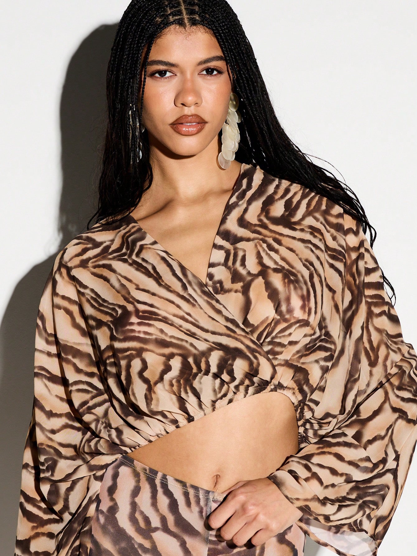 Tiger Print Twist Front Batwing Blouse