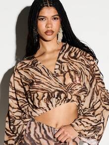 KIZN Tiger Print Twist Front Batwing Sleeve Blouse With V Neck Long Sleeve Wrap Top Fall Winter Fashion - Multicolor - View 4