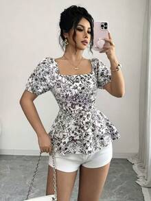 Elenzga Áo sơ mi nữ cổ vuông in họa tiết toàn thân, thời trang, đa năng, thích hợp cho hẹn hò hoặc du lịch. - Đen và trắng - Xem 4