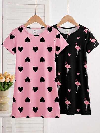 2pcs Girls' Sleepwear Heart & Flamingo Print Long Nightgown, Comfortable Loungewear