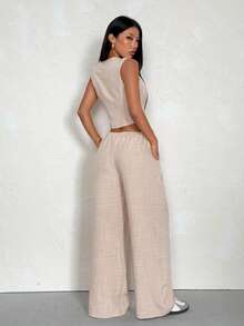 SHEIN PETITE Women's Solid Color Single-Breasted Vest And Pants Casual Suit Set ,Petite Women - Khaki - View 2