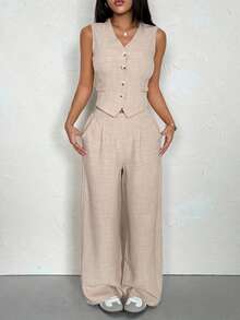 SHEIN PETITE Women's Solid Color Single-Breasted Vest And Pants Casual Suit Set ,Petite Women - Khaki - View 3