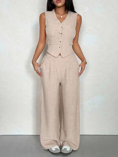 SHEIN PETITE Bộ vest và quần dài màu trơn dành cho nữ, kiểu dáng thường ngày.