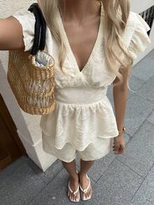 Lucivie Women's Elegant White Summer Tea Party Short Set,Lace Texture V Neck Flutter Sleeve Peplum Top And Shorts,Casual Vacation Ready Beach Resort Outfits - Apricot - View 12