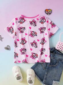 THE POWERPUFF GIRLS X SHEIN Áo thun ngắn tay cổ tròn in hình trái tim và hoạt hình phong cách thường ngày dành cho bé gái mùa hè. - Hồng - Xem 2