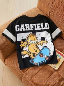 GARFIELD | SHEIN Young Boy Summer Casual Letter & Cat Print Round Neck Short Sleeve T-Shirt - Black - View 3