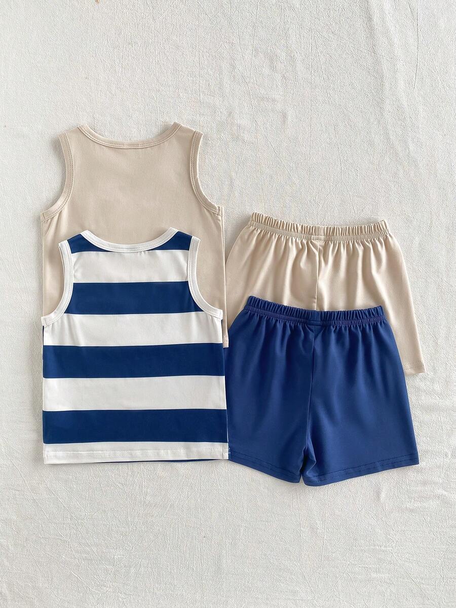 SHEIN Playful Pals 3件套男婴/男女通用婴儿幼儿新生儿0-3岁条纹纯色三件套,包括圆领无袖小熊刺绣背心和短裤,夏季休闲可爱套装 - 彩色 - 查看 1