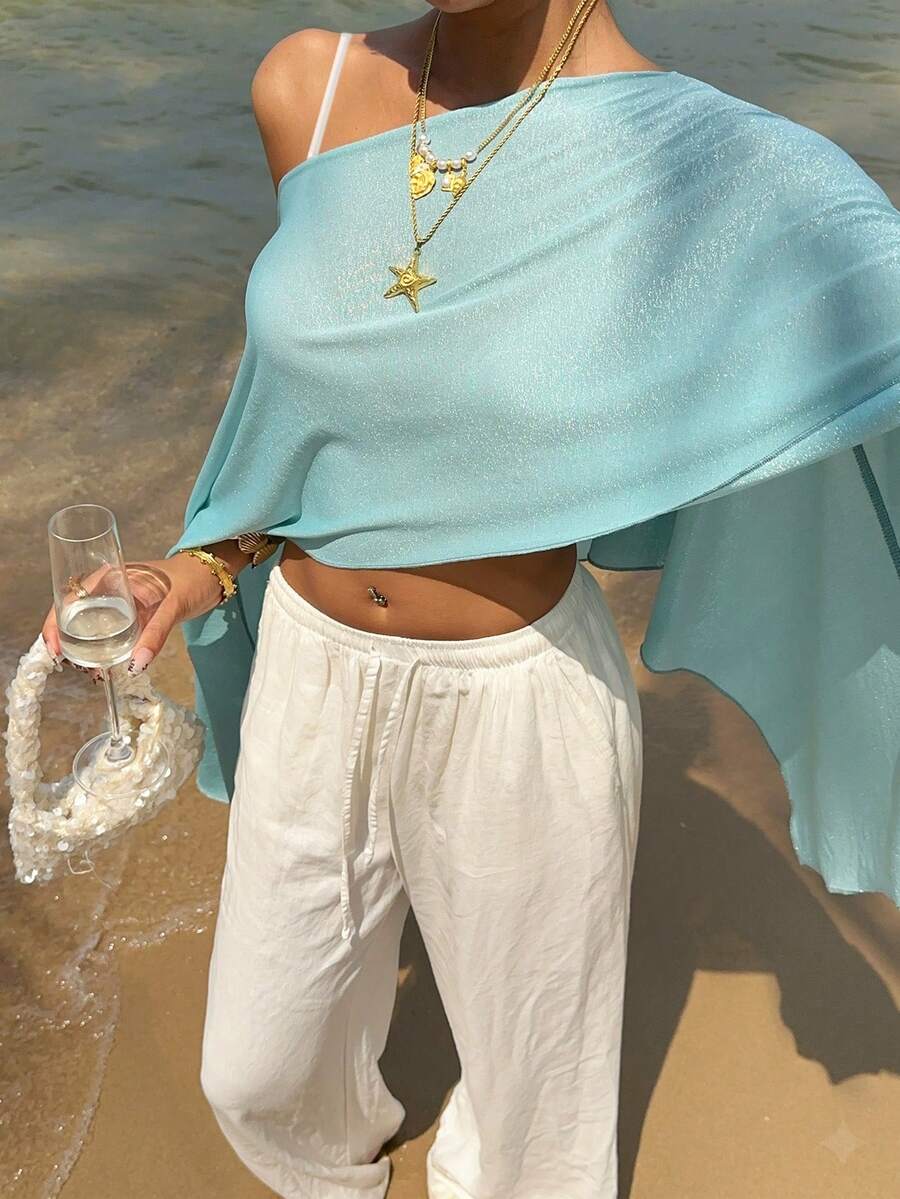 Sunnyshic Top châle à épaules dénudées avec fil métallique bleu clair pour femmes - Bleu lagon - Voir 1