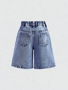 Young Girl' White Pearl Decor Loose Denim Shorts - Medium Wash - View 2