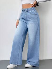 SHEIN Tall 女款水藍色高腰寬腿牛仔褲，鬆緊腰帶，寬鬆直筒褲，夏季休閒街頭風，音樂節穿搭，適合高個女性 - 淺色水洗藍 - 查看 4