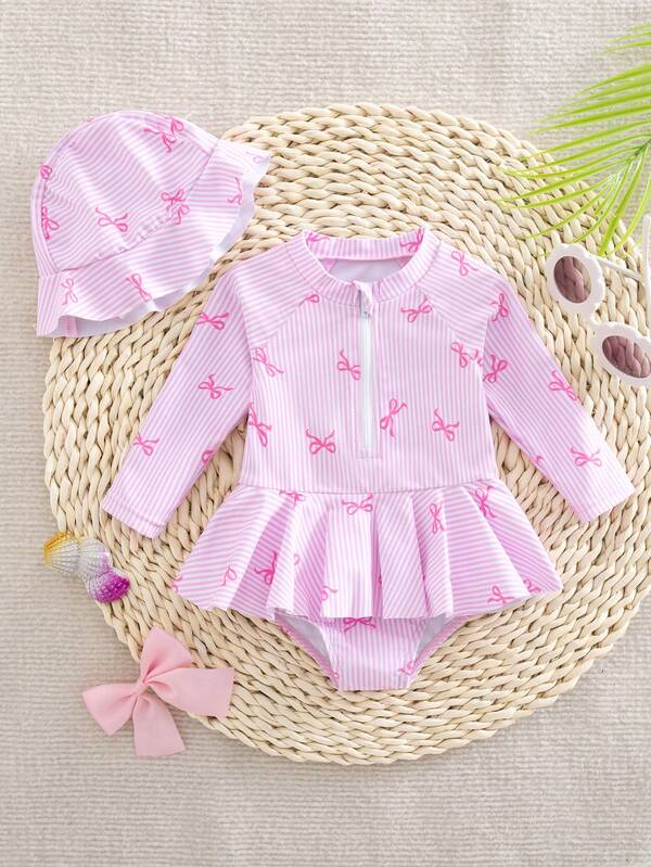SHEIN Newborn Baby Girls' One-Piece Swimsuit, Cute Bow Tie Digital Print Polyester Fabric Long Sleeve Romper With Ruffles And Hat, Beach Swimwear