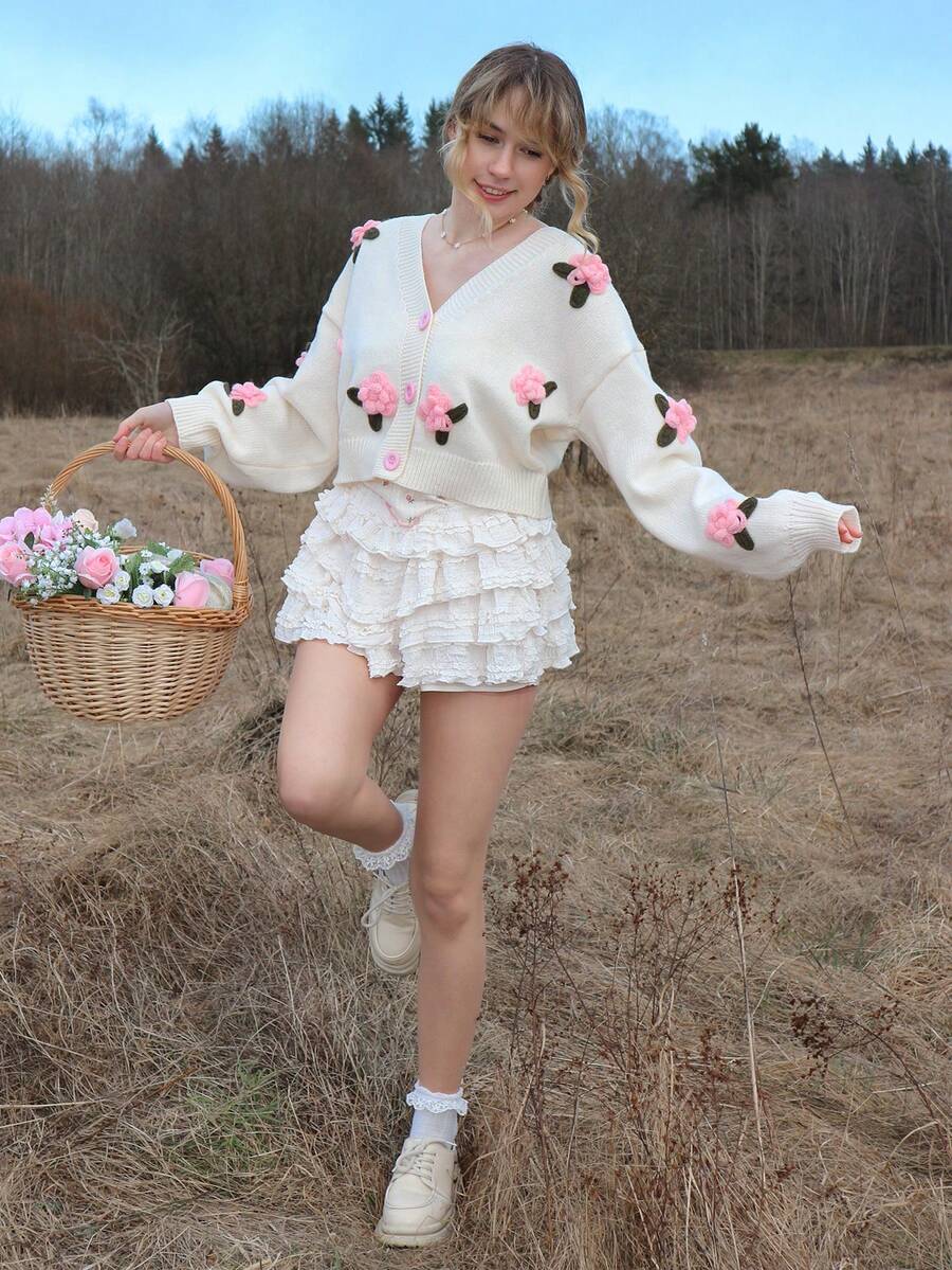 Kawaii Áo khoác cardigan ROMWE X Elena Katey cổ bẻ và cúc trang trí hoa 3D, thích hợp cho học sinh. - Màu be - Xem 1