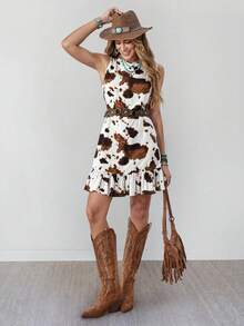 Wildy Women's Cow Print Sleeveless Mini Dress,Casual Country Western Music Festival Outfits,Summer White Animal Print Concert Outfit,BOHO Chic Vacation - Multicolor - View 5