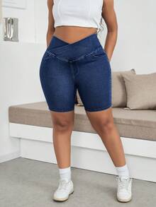 Dripcurv Plus Size Women Asymmetric Waist Casual Versatile Daily Wear Denim Shorts - Dark Wash - View 3