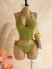 Soleia Women's Solid Color Halter Tie Bikini Set, Summer Beach - Green - View 1