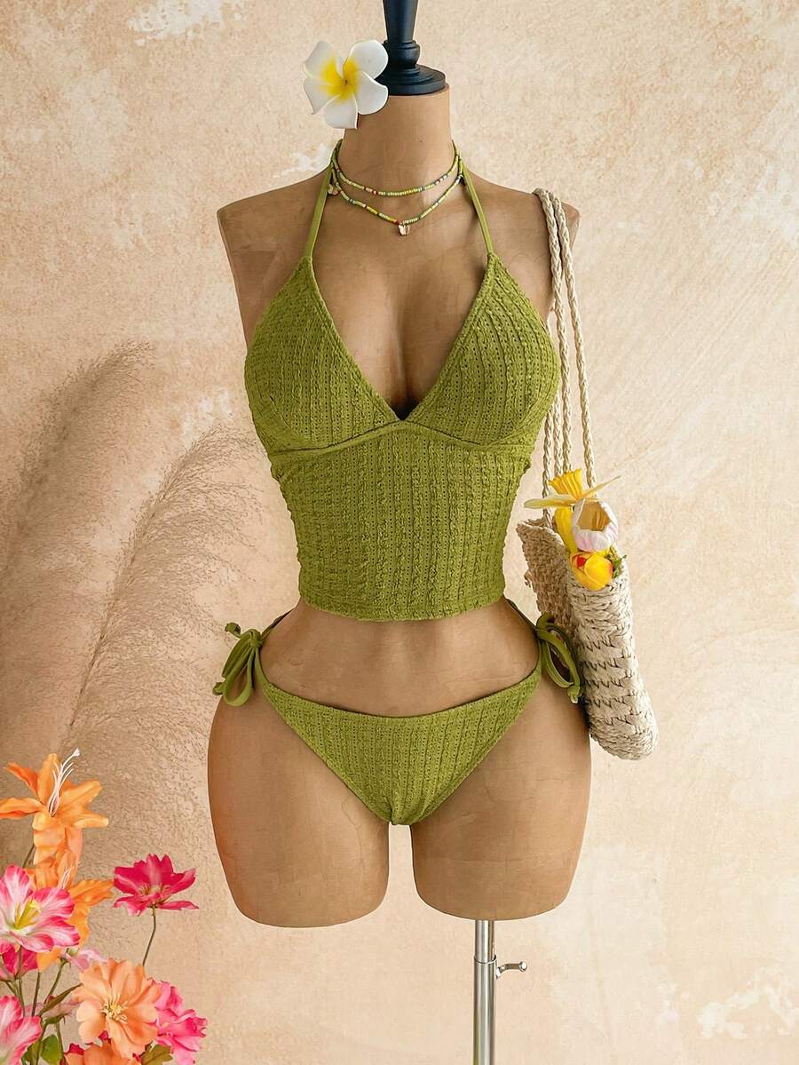 Soleia Women's Solid Color Halter Tie Bikini Set, Summer Beach - Green - View 1