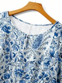 Linhara Camisa de manga corta holgada con estampado floral diminuto, estilo suave y retro - Celeste - Ver 4