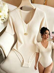 SHEIN Franclia Fashionable Commuter Ribbed Knit Slim Fit V-Neck Elegant Basic Bodysuit For Women, Suitable For Dates Golf, Parties White Summer - White - View 4