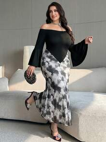Modelyn Zanzea Plus Size Black Summer Elegant Formal Night Off Shoulder Printed Elastic Knit Fitted Slim Maxi Dress,Modern Filipiana Modest Outfits For Women - Multicolor - View 6