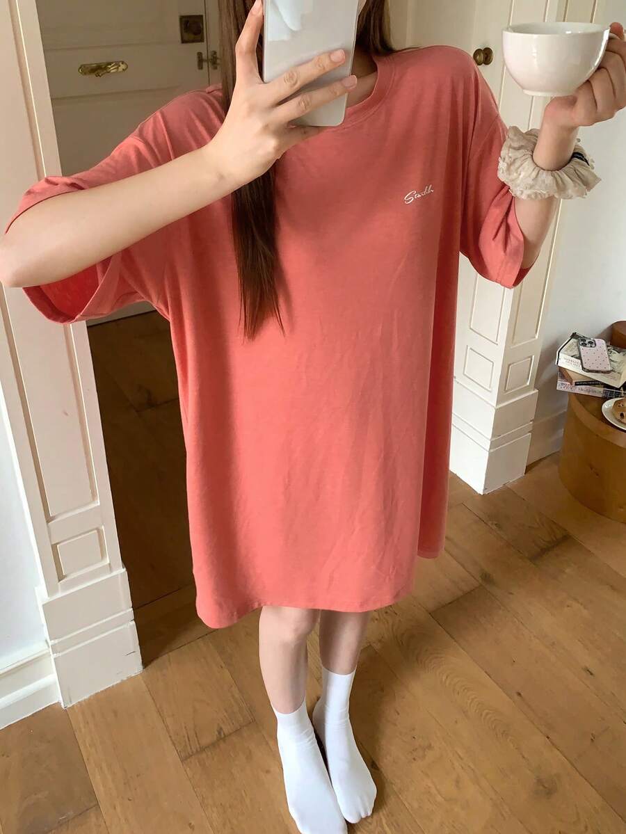 DAZY 女士字母印花圆领短袖休闲连衣裙 - 粉色 - 查看 1