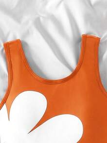 SHEIN Tween Girls' Orange & White Colorblock Floral Patchwork One-Piece Swimsuit, Cute Casual Vacation Beach Outfit - Orange - View 5