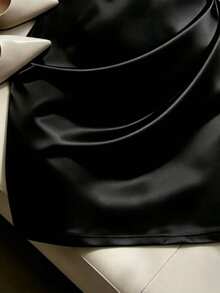 SHEIN Franclia Women Summer Elegant Black Satin Square Neck Suspender Pleated Dress,Autumn Night Out Party Dress,Wedding Guest Graduation Gown,Formal Office - Black - View 4